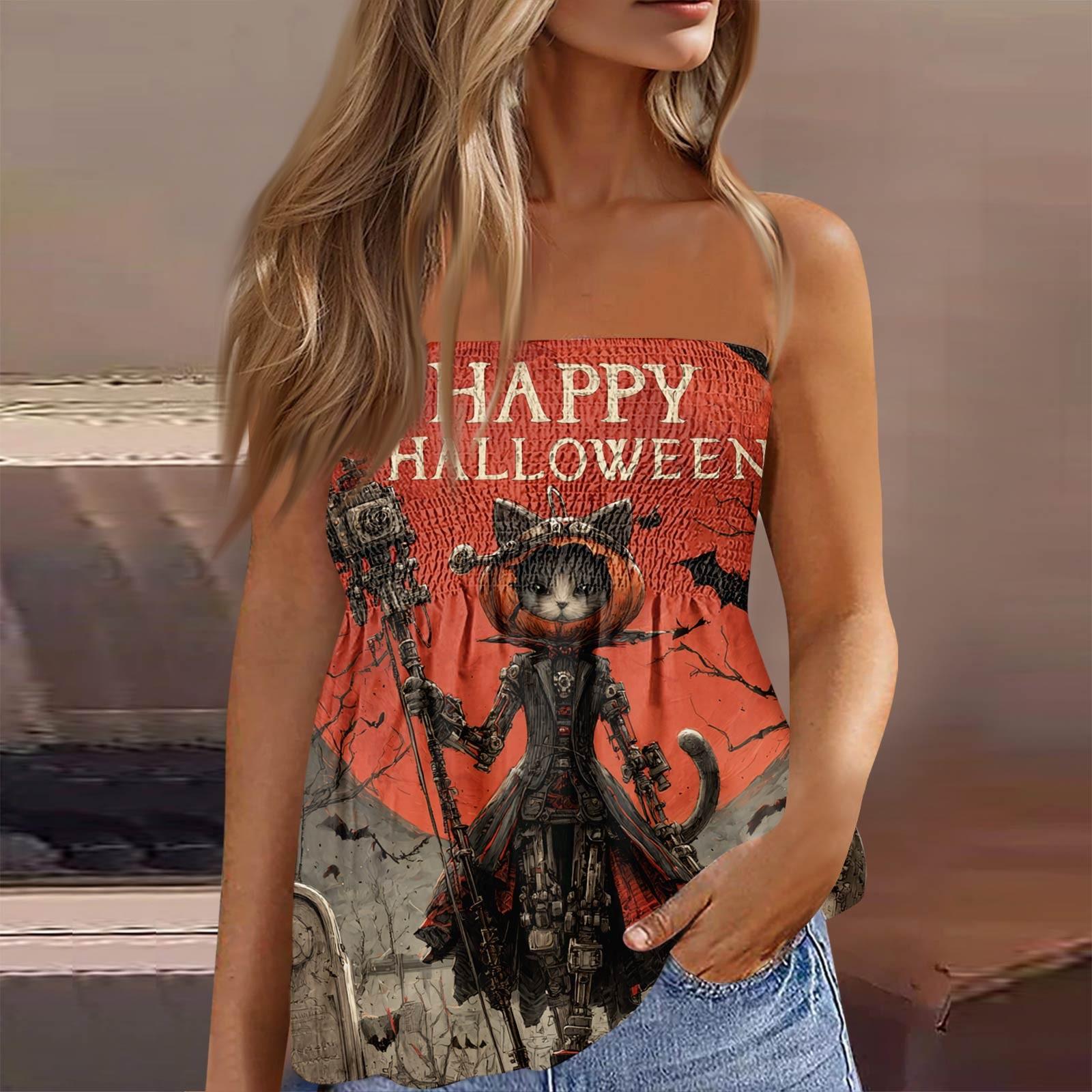 

Летние топы-трубы для женщин, милая сексуальная футболка без рукавов с принтом на открытых плечах L оранжевый