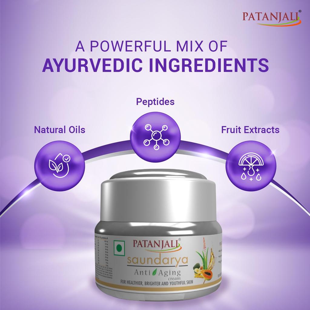 Patanjali Saundarya Anti-Aging Cream 15g Pack Of 1, Natural Face Moisturizer For Smoother, Brighter, Youthful Skin