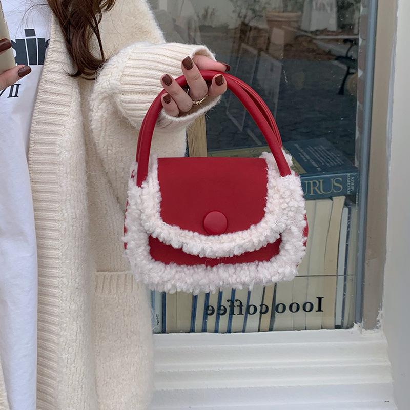 

Autumn and winter niche lamb wool bag Christmas red bag New saddle bag One shoulder messenger women s bag Handbag