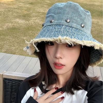 Sombrero de pescador de mezclilla retro de borde áspero para exteriores para mujer, verano, versátil, ala grande, para mostrar la cara, visera pequeña de protección solar