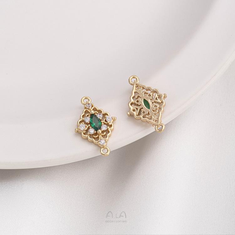 

Винтажный ромбовидный кулон из золота 14 карат с цветочным узором и цветным цирконом для DIY ювелирных аксессуаров