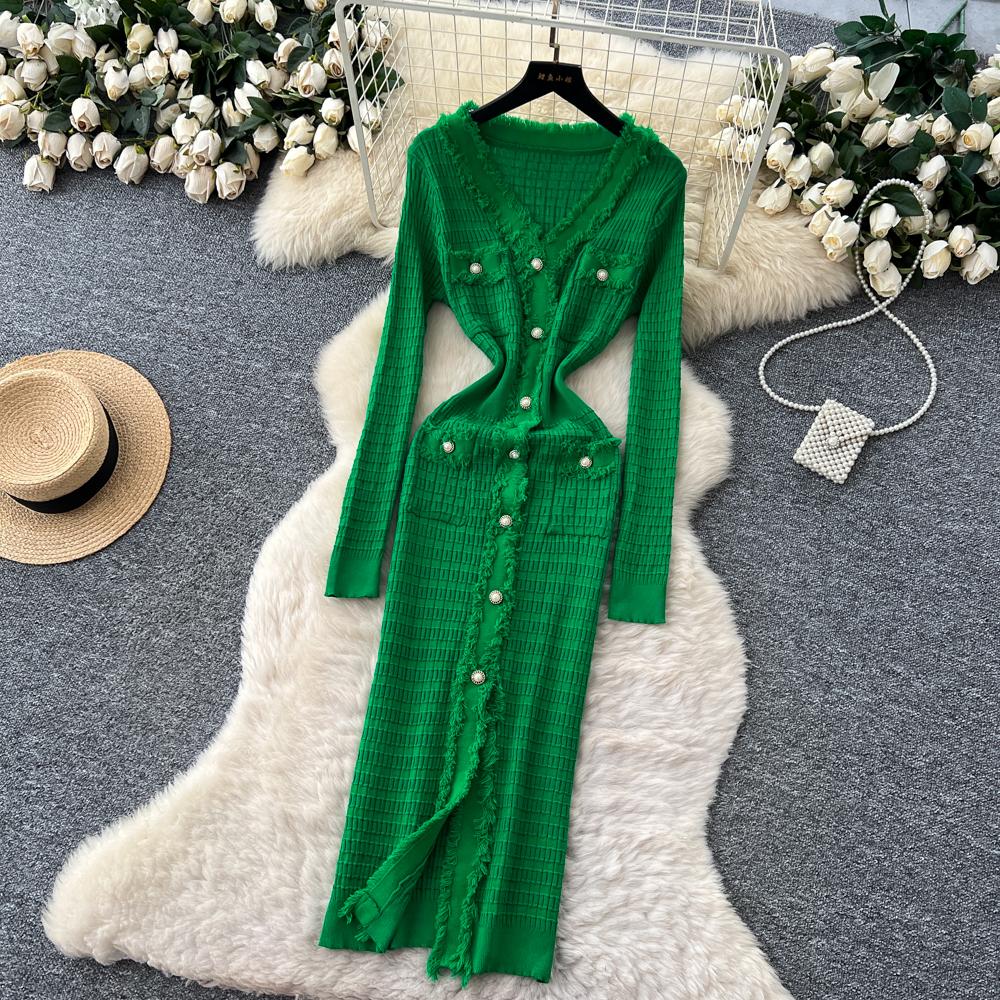 Neue Damenkleider Herbst Winter Vintage Patchwork Strick-Midikleid Elegant V-Ausschnitt Damen Rüschenhemd Pulloverkleid