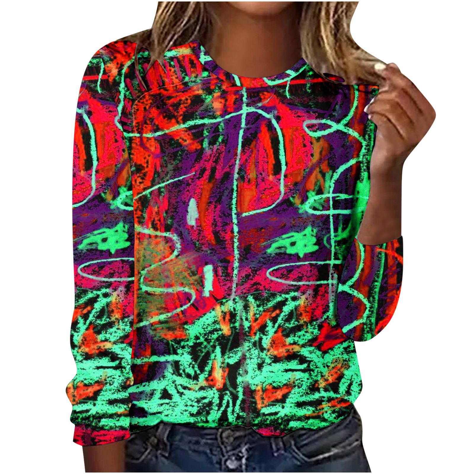 

Весенне-осенние футболки с круглым вырезом и 3D-принтом в стиле абстрактного искусства, модные, повседневные, красочные, женские футболки с длинным рукавом 5XL