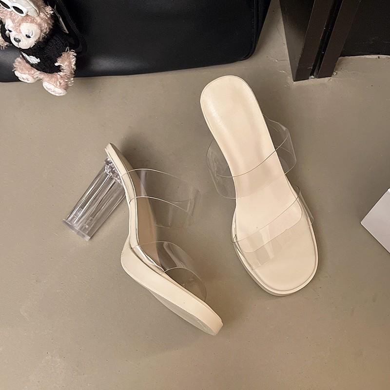 Crystal Block Heel High Heels Summer New Round Toe Open Toe Transparent Band Platform Non-slip Wear-resistant Flip-flops
