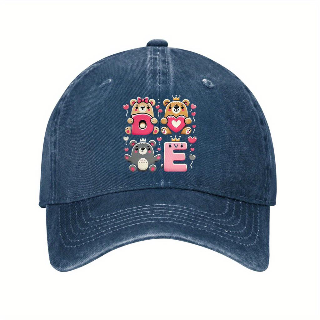Cute Love Bears Print Baseball Cap Unisex Adjustable Cotton Dad Hat Casual Outdoor Running Cap