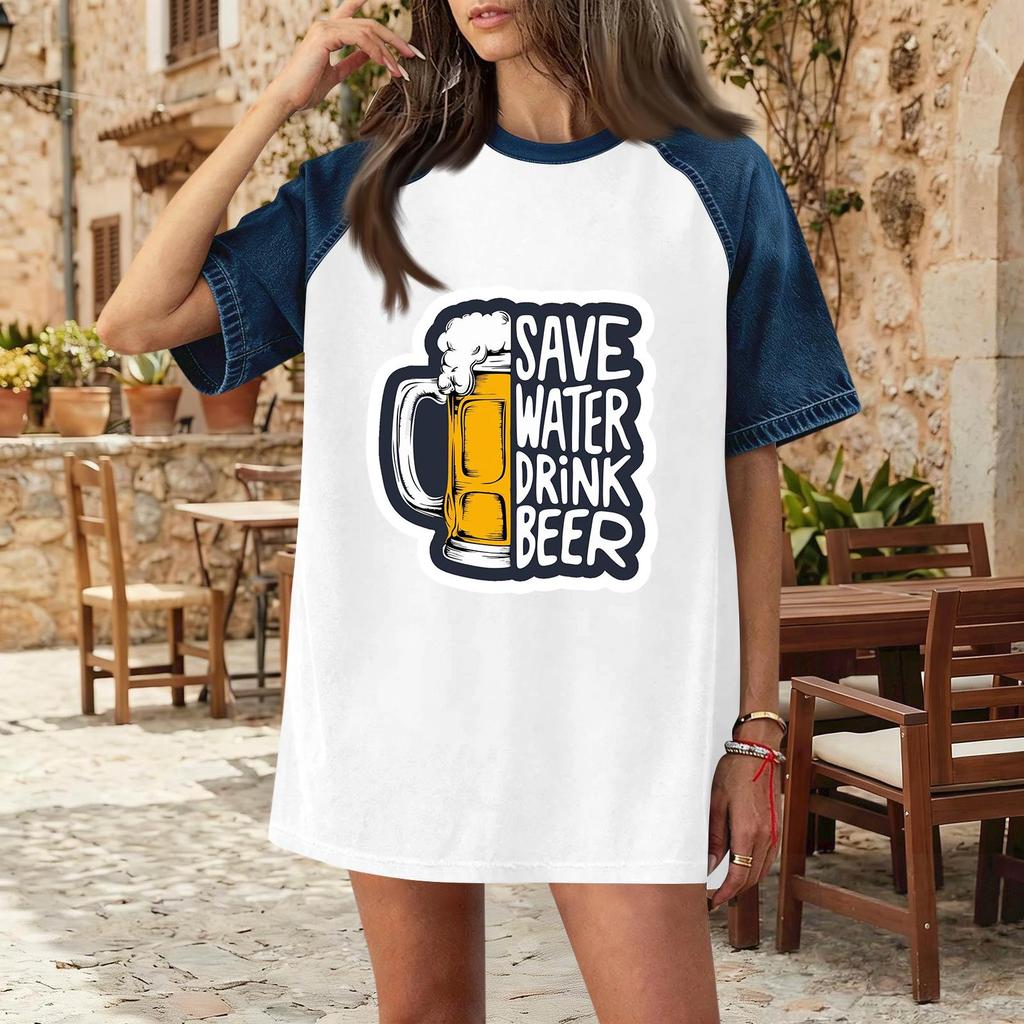Casual Women Denim Patchwork Oktoberfest Graphic T Shirt Comfortable Short Sleeve Loose Fit Top for Daily Wear