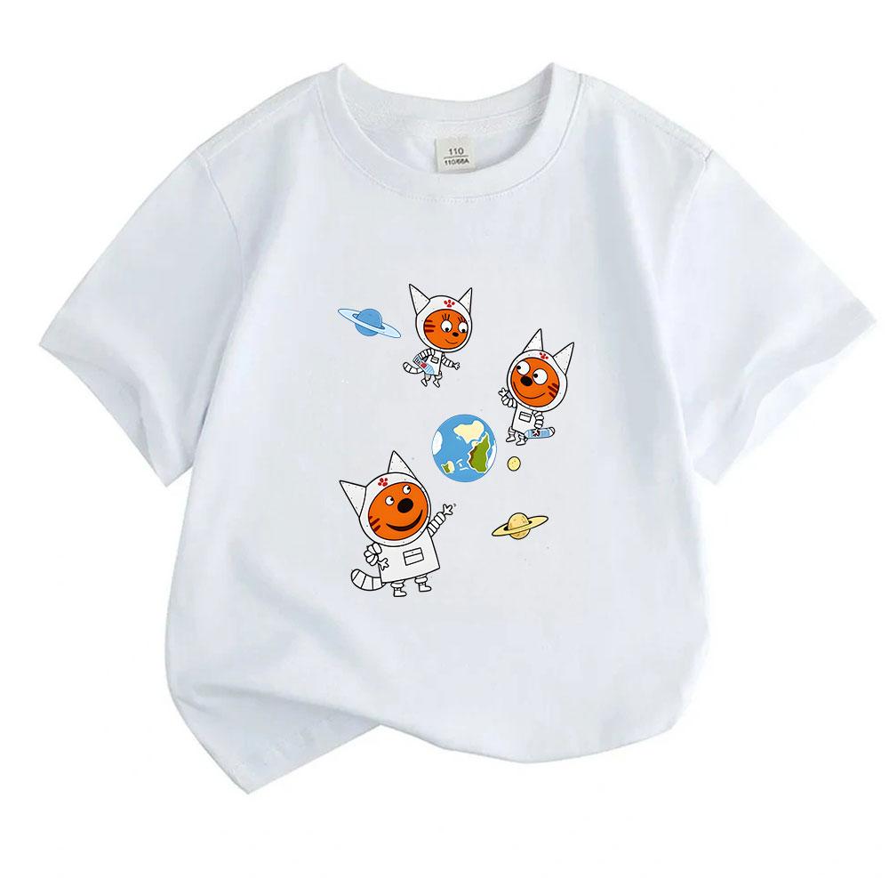Kids Boys Girls 100% Cotton Crew Neck Short Sleeve T-Shirt, Cute Space Astronaut Cat Print Casual Breathable Tee for Children Daily Wear Outdoor Activ