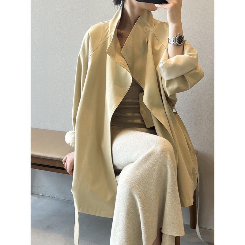 Women's British Style Retro Trench Coat with Stand-Up Collar - Tie Waist, Mid-Length, Petite Fit, Loose Outerwear for Spring & Autumn.