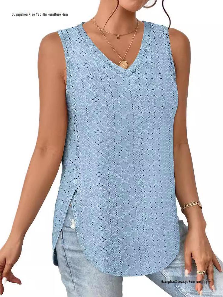 Spring/Summer V-Neck Sleeveless Eyelet Jacquard Women's Casual Vest Top