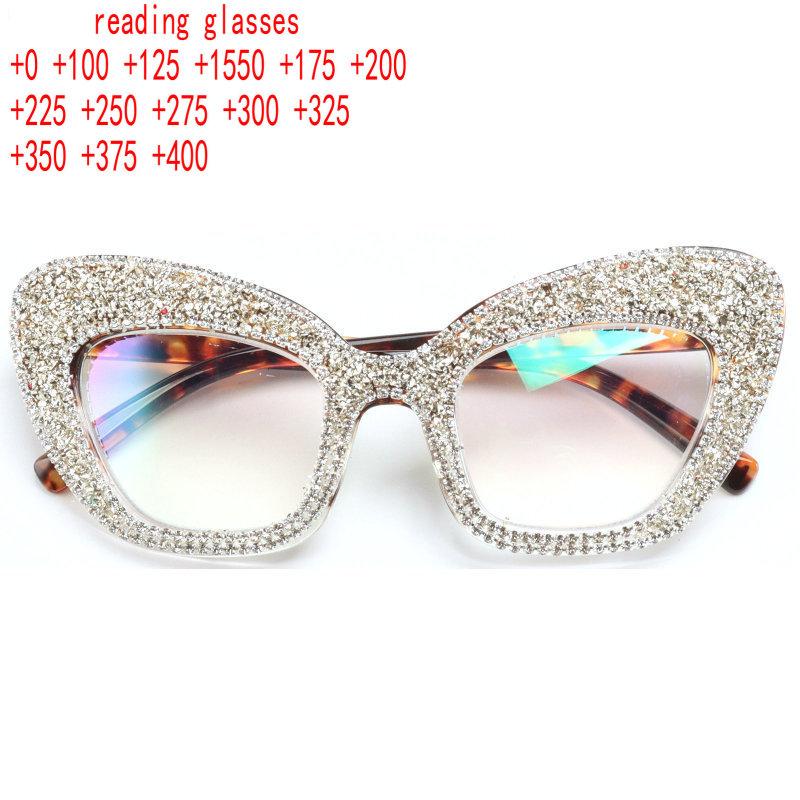 

Oversized Cat Eye Bling Reading Glasses Women Shiny Rhinestone Reader Vintage Ladies Anti Blue Light Trendy Computer Reader XN +400 леопардовий