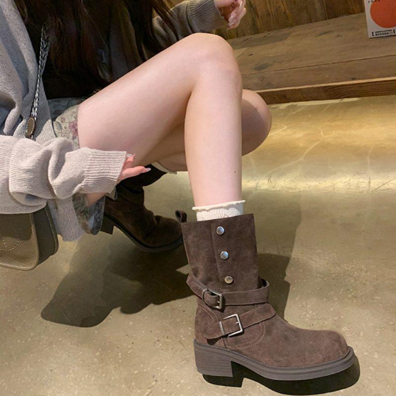 5.5Cm~ Height-increasing Merad Thick-heeled Thick-soled Medium Boots 2025 New Buckle-strapped Suede Short Boots Women's Autumn