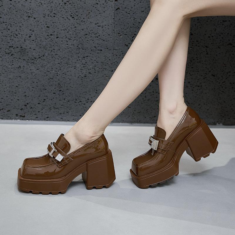 Platform loafers women's 2025 spring and autumn new versatile height increase one pedal thick heel black British style small leather shoes