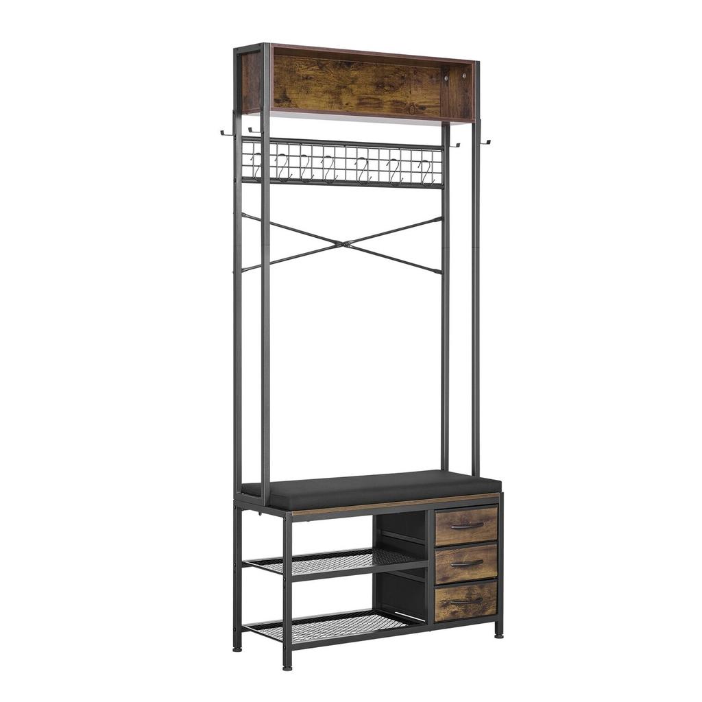 Hall Tree, 1800 mm Coat Rack with Shoe Bench & 3 Drawers, 3-in-1 Freestanding Shoe Rack Storage Organizer with Bookshelf & Wire Shelf, Steel Frame