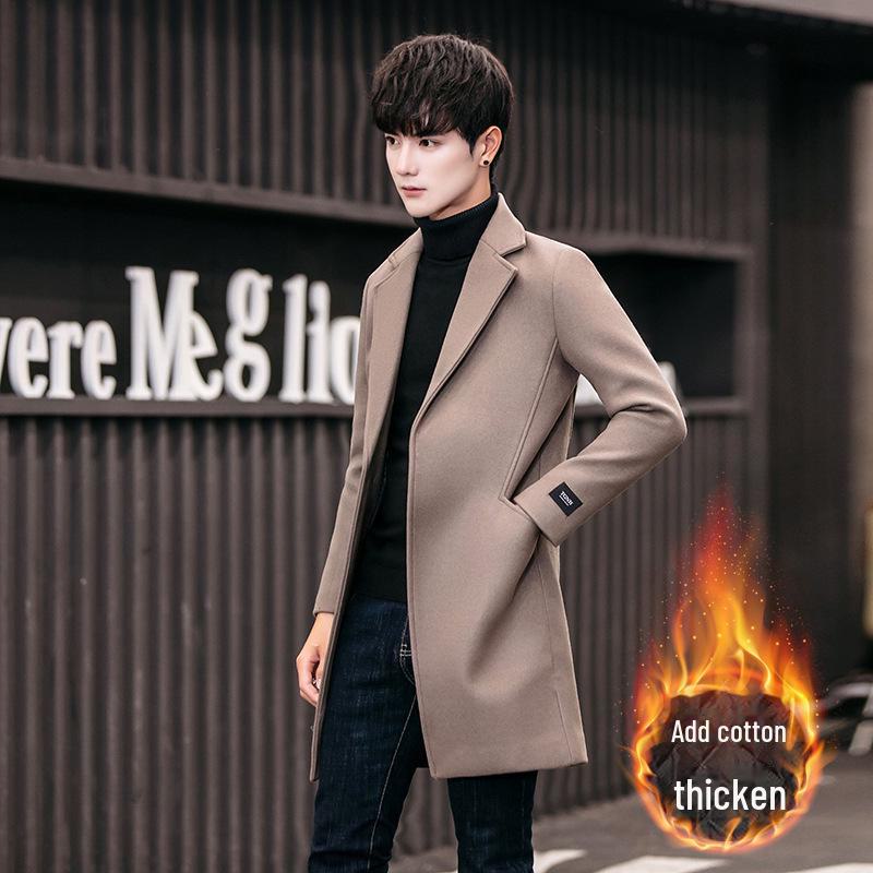 Men's 2022 Korean-Style Woolen Windbreaker Coat with Plus Velvet Long Jacket.