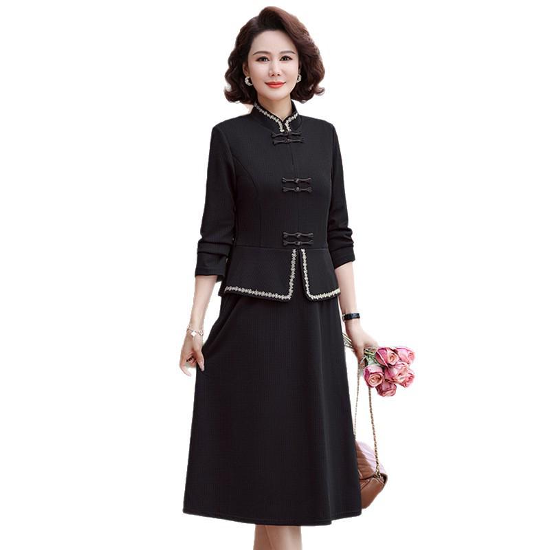 Stylish Two-Piece Faux Dress for Women - Mid-Age Spring/Autumn Design with Belly-Concealing Frog Button
