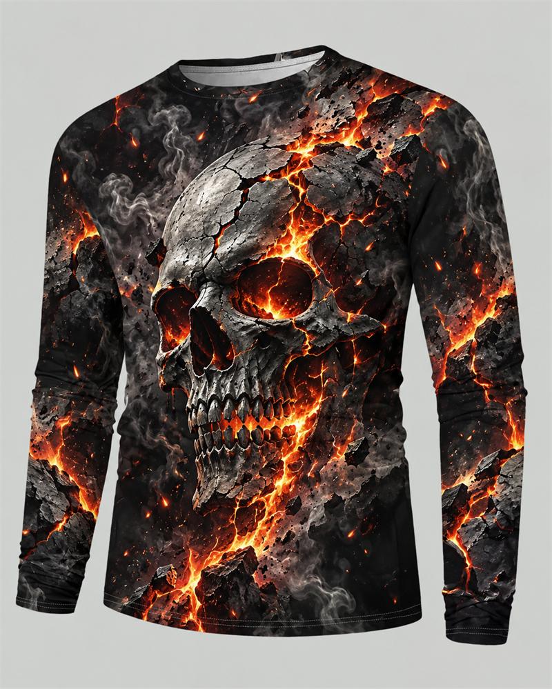 Mens 3D Flaming Skull Long Sleeve Shirt Crew Neck Graphic Tshirt Casual Streetwear Pullover Halloween Top Autumn Winter Unisex
