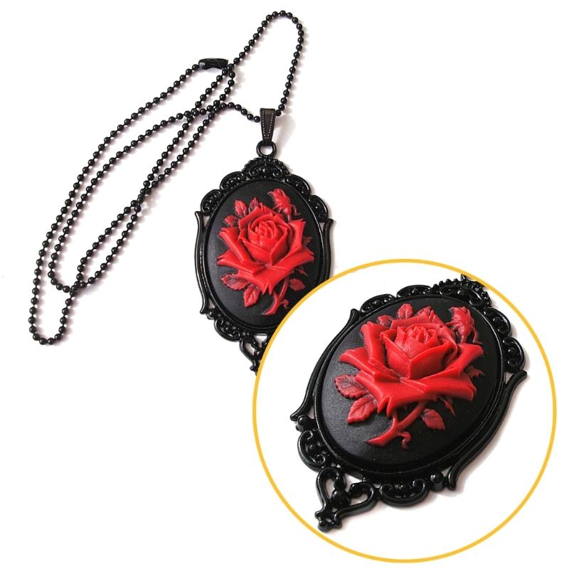 Gothic Red Rose Cameo Choker Necklace Halloween Cosplay Jewelry Adjustable Pendant Necklace Victorian Necklace Jewelry