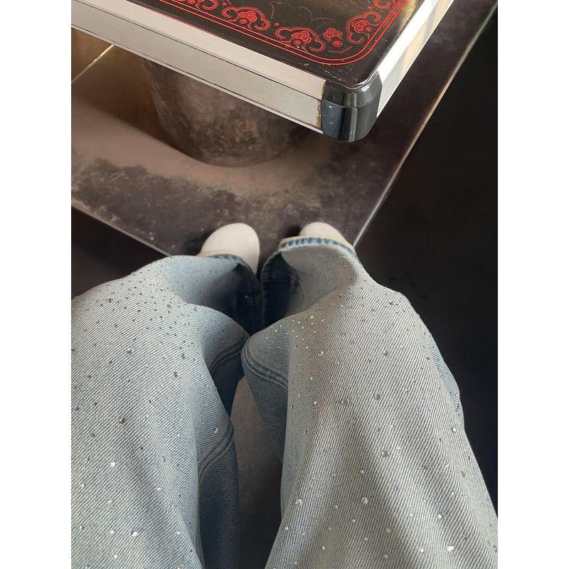 Blue Rhinestone Wide-Leg Jeans for Women, Summer New Style, High-Waisted Straight Pants for Plus-Size Girls with Pear-Shaped Body