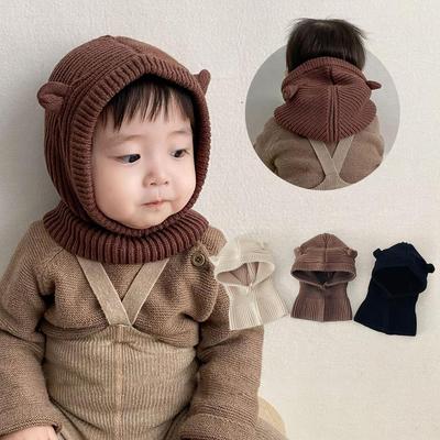 Kids Hooded Beanie Cartoon Ears Balaclava Hat Newborn Neckerchief Woolen Knit Headgear Winter Warm Baby Ear Protection Cap