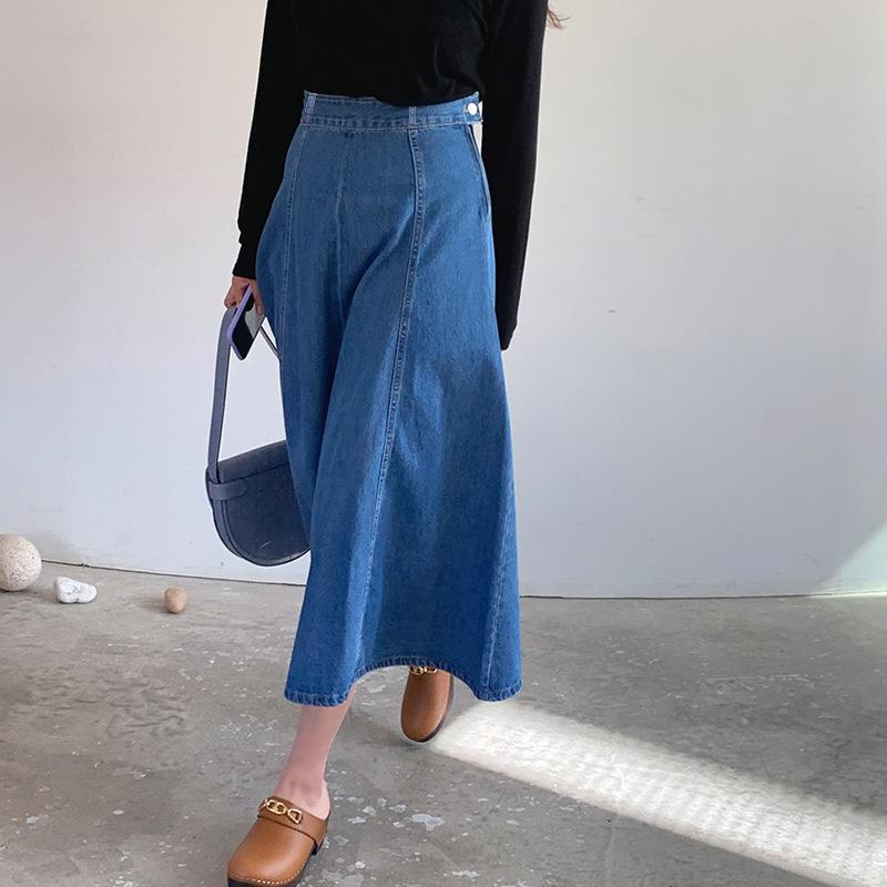 Damen Frühling Herbst High-Waist Jeansrock Student Locker Geschnitten Mittellang Übergröße Langes Kleid