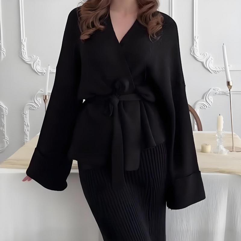 2025 Autumn European & American V-Neck Tie-Waist Short-Sleeve High-Waisted Skirt Set