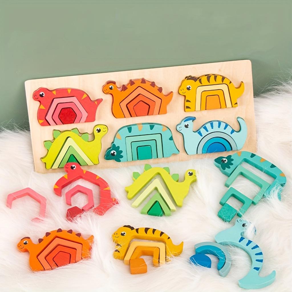 Wooden Dinosaur Shape Puzzle For Toddlers 3 To 5, Sorting & Stacking Toys For Baby Boys Girls, Shape Sorter And Color Sensory Educational Toys