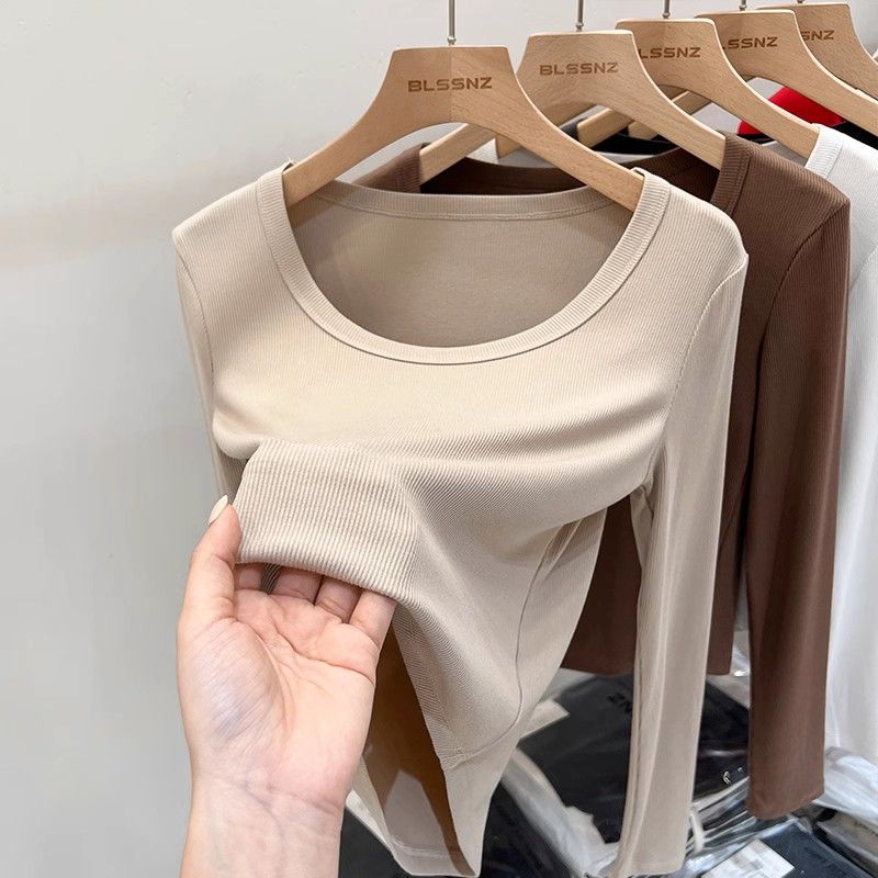 Neues Textur U-Ausschnitt Langarm T-Shirt Damen Geripptes Baumwoll-Basisshirt