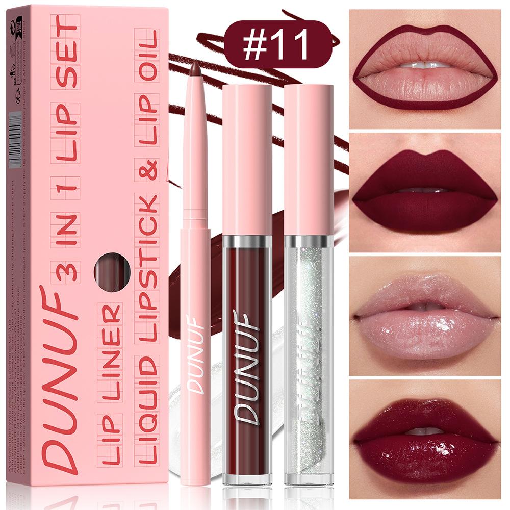 3Pc Velvet Matte Lipstick Pen Nude Brown Lip Liner Pencil Kit Rose Red Matte Lipliner+Lip Gloss+Lip Oil Set Waterproof Lips Tint