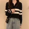 Polo Collar Black Striped Knitted Sweater Women's Outer Wear Design Sense Chic High Sense Casual Inside