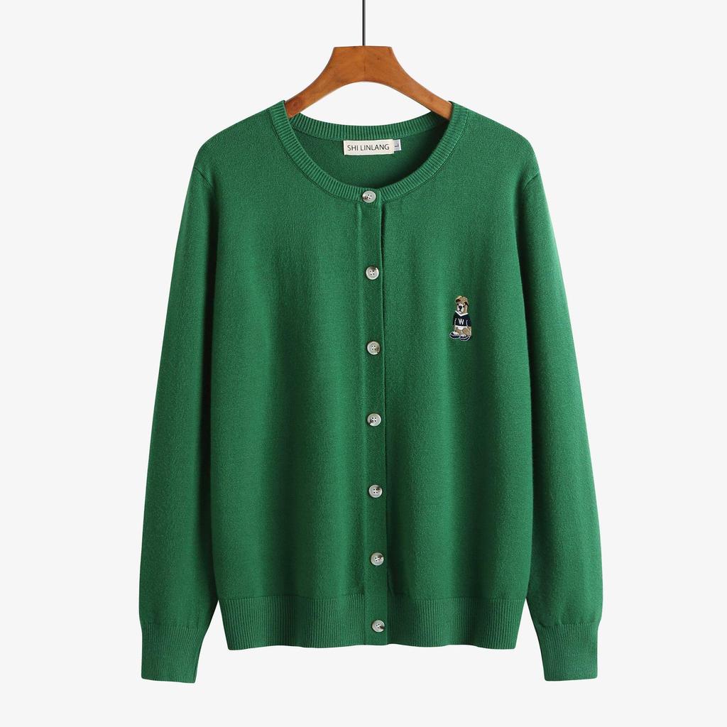 Plus Size Women's Bear Embroidery Knit Cardigan - Autumn/Winter 2026 Round Neck Thick Sweater Coat (220 Jin)