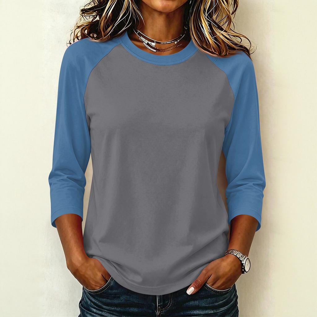 Women's Casual Color Block Pullover T-Shirt, Raglan 3/4 Sleeve, Round Neck, Lightweight Top for Summer, Spring, and Fall