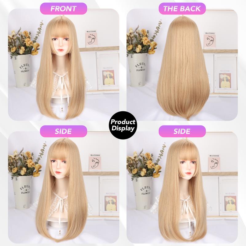 Gold Long Straight Wig Princess Bangs 26 Inch Fiber Synthetic Heat-resistant Sweet And Natural Party or Selfie For Women Korean Fashion