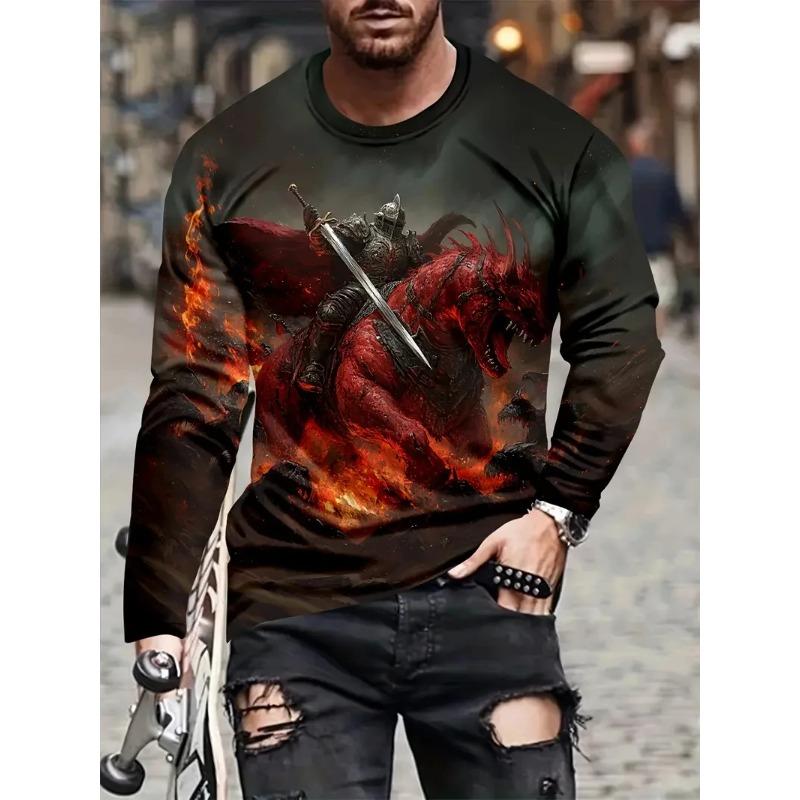 Dragon Graphic T-shirts Cool Animal Pattern Autumn Casual Long Sleeves Street O-Neck Loose Tops