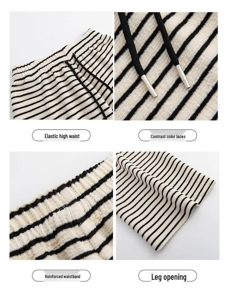 Petite Fleece-Lined Black & White Striped High-Waist Wide-Leg Pants for Women - Autumn/Winter