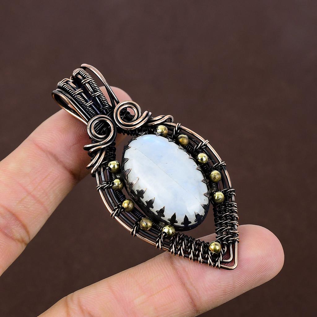 Natural Rainbow Moonstone Gemstone Handmade Copper Wire Wrap Pendant 2.76" I4N16