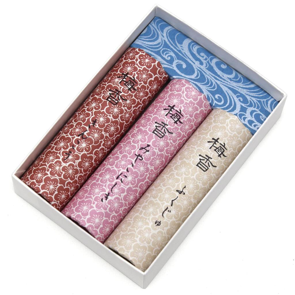 Ready-to-burn incense holder included. A set of three plum-inspired fragrances. Umeko Kyoto incense sticks.