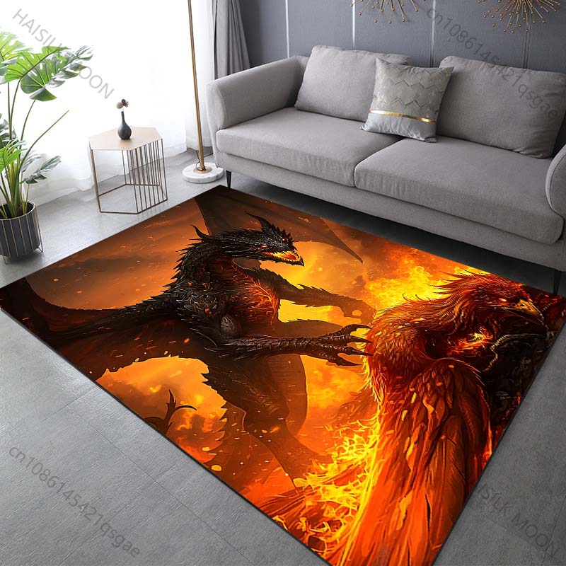 Mehrere Größen Schwarzer Drache Feuer Phönix Kampf Teppich für Wohnzimmer Schlafzimmer Sofa Heimdekoration Teppich Rutschfeste Fußmatte Luxuriöses Geschenk