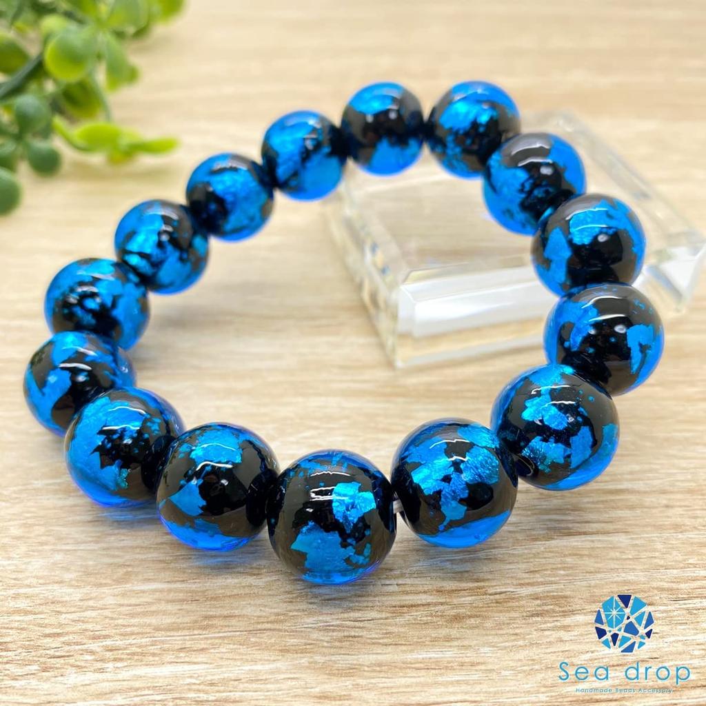 Leuchtendes Glühwürmchen-Glasperlenarmband mit 14 mm blau leuchtender Libellenkugel [Meerestropfen] [036bt-14-15]