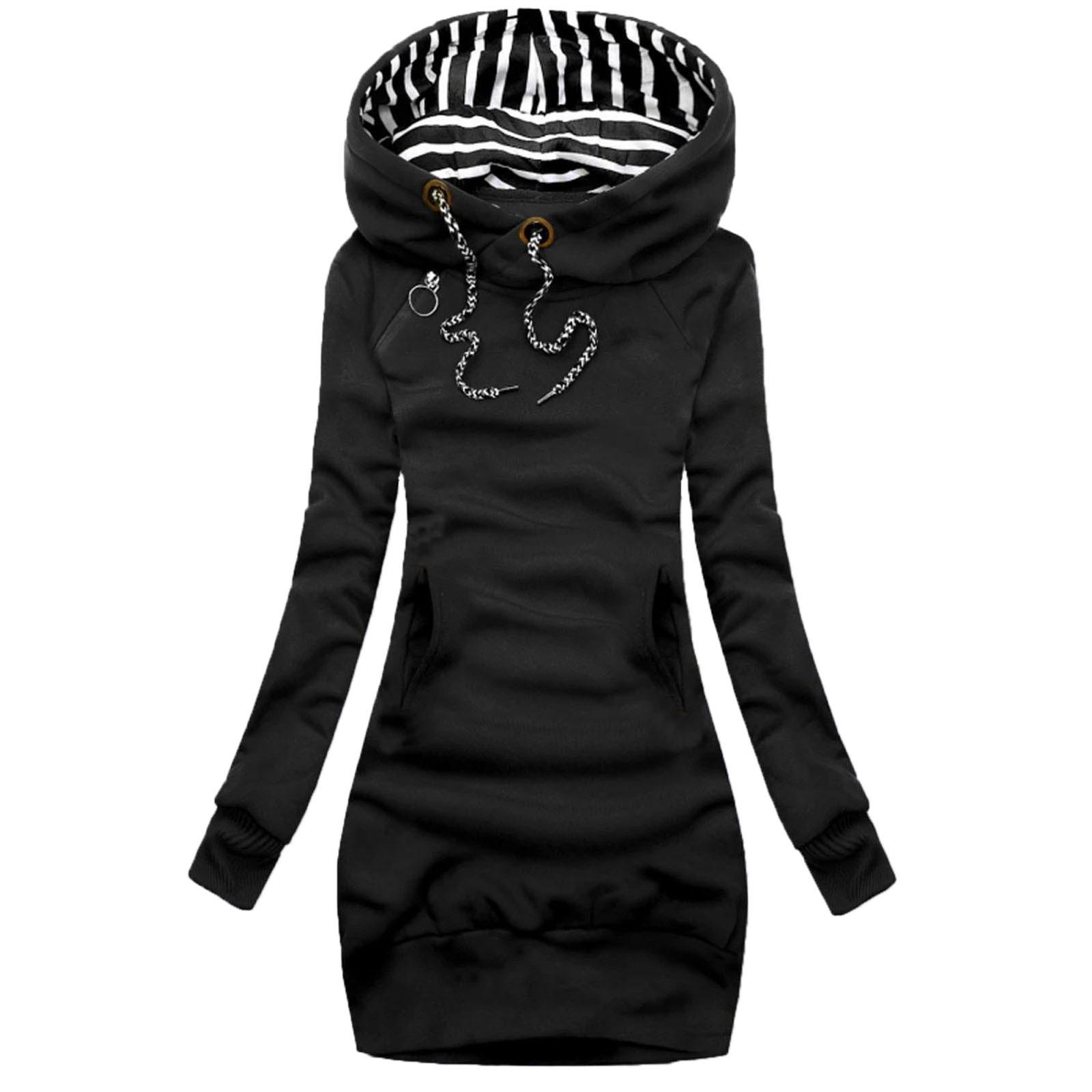 

Women Fashion Solid Sweatshirt Pocket Stripe Turtleneck Hooded Long Sleeve Top XXXL чорний