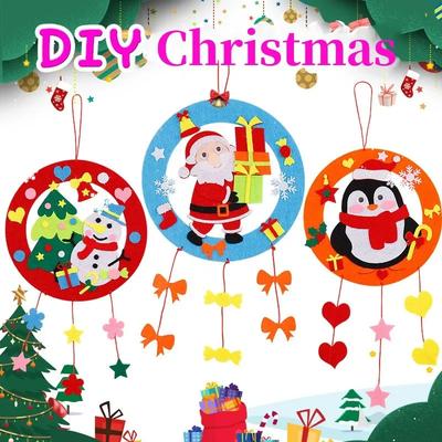 DIY Christmas Wind Chime Craft Kits Plaything Ideal for Kids Handmade Wreath Children Playthings Cartoon Windbell Hangings Stickers Gift