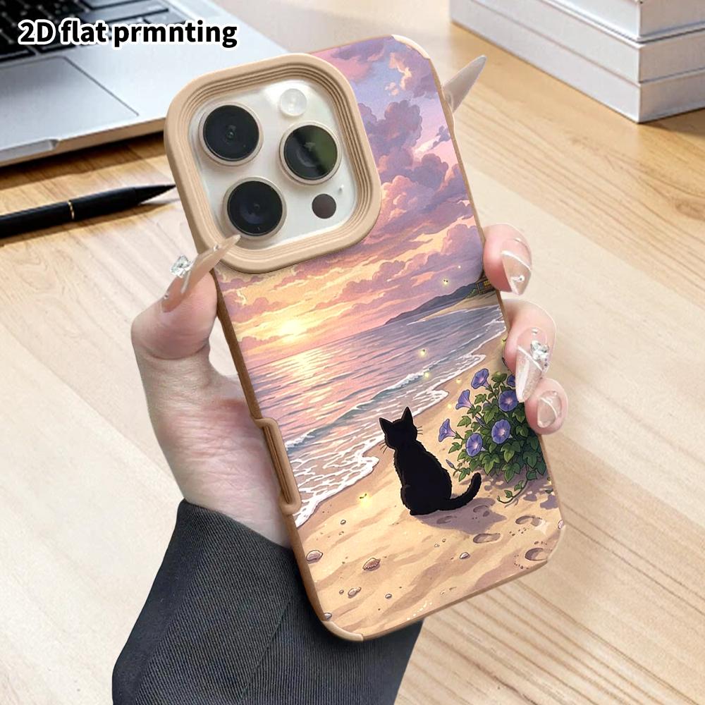 Phone Case: 2D flat lambskin suitable for iPhone 18 17 16 15 14 13 Pro protective case, twilight black cat, Christmas and Halloween gifts