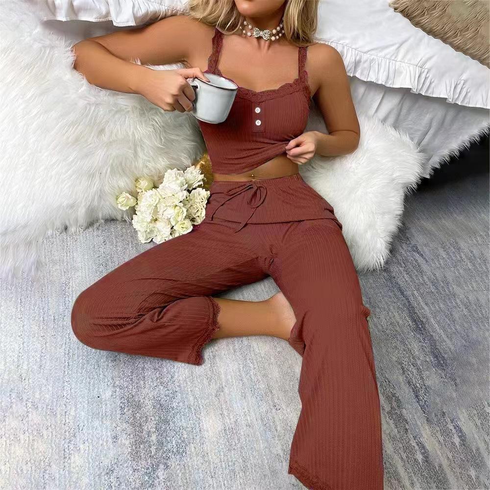 2 Pcs/Set Pants Top Suit Low-cut V Neck Sleeveless Solid Color Shirring Drawstring High Elastic Waist Lace Women Summer Pajamas Set Homewear
