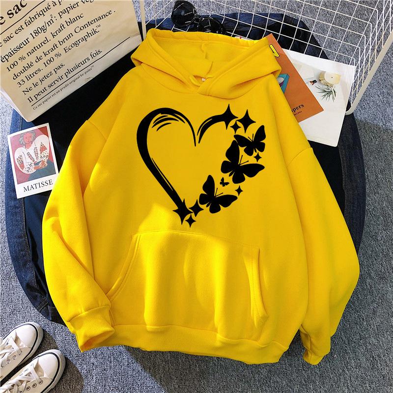 Combination of Love and Butterfly Pattern Long Sleeve Hoodies Women's Trendy Pocket Sweatshirt Vintage Y2k Hooded Clothing