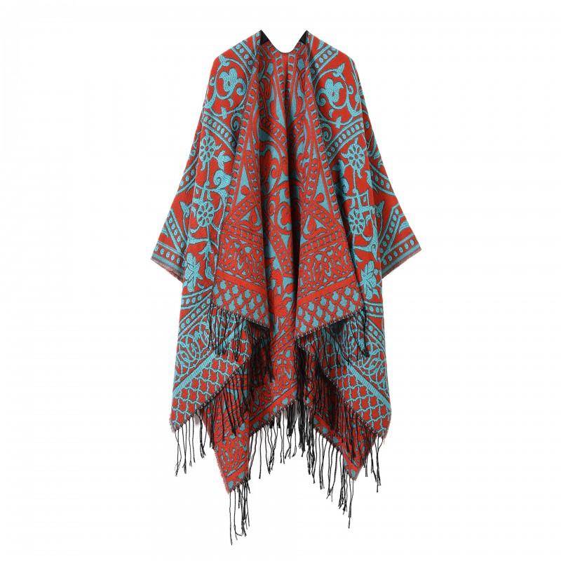 Women Men Knitted Shawl With Tassels Floral Warm Faux Cashmere Wrap Scarf Winter