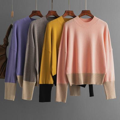 Autumn Winter Vintage Loose Long Sleeve Top Blocked Color Pullover Knitwear O-Neck Sweater