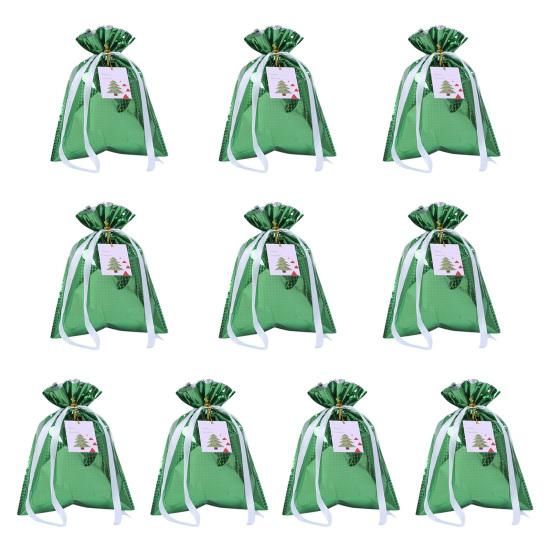 10 Pcs Christmas Drawstring Gift Bags Holiday Foil Gift Bags Reusable Xmas Gift Wrapping Bags for Gifts Presents Xmas Party Favors