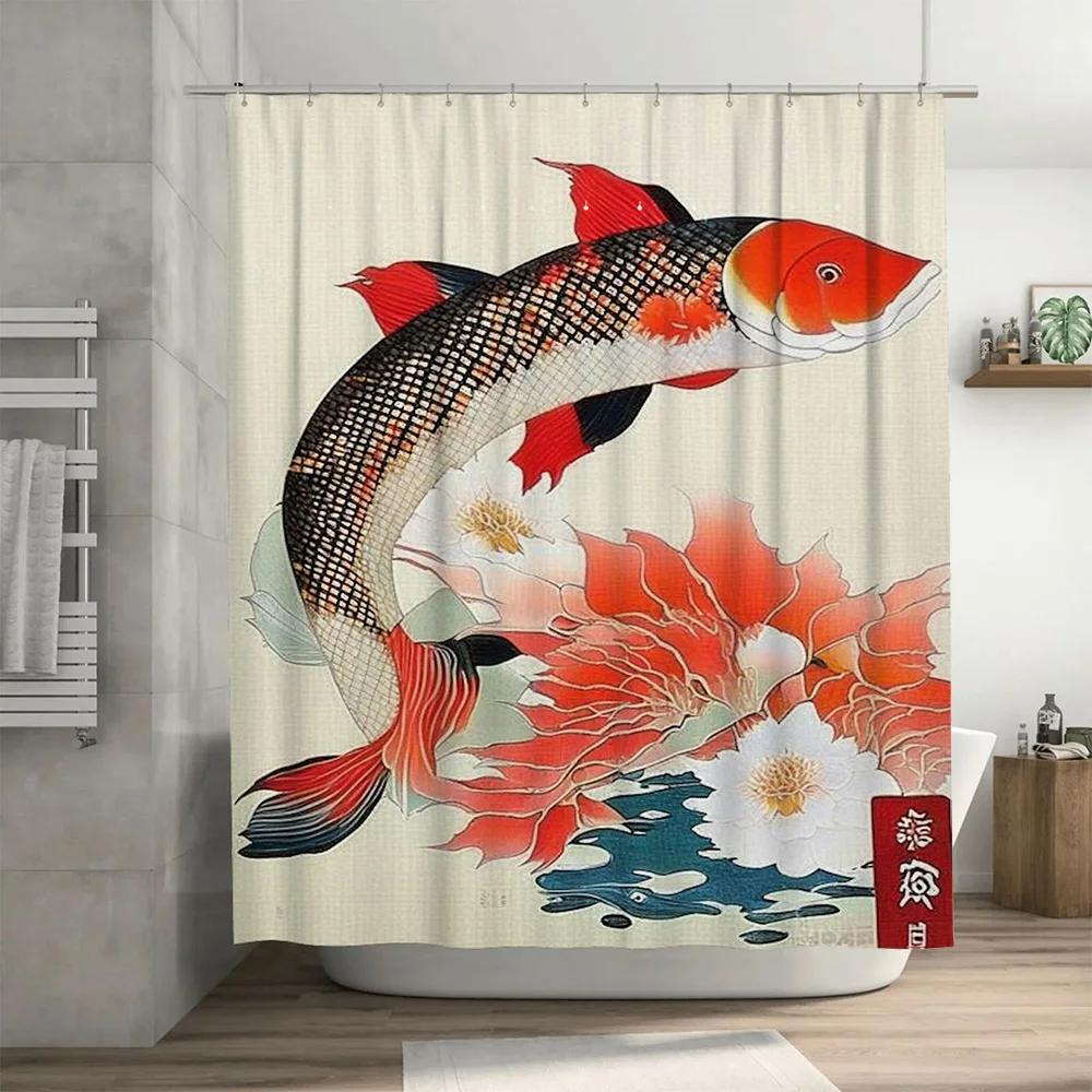 Beautiful Fish Pattern Shower Curtain Waterproof Bathroom Decor Red, Black, Orange Floral Design, 180x240cm