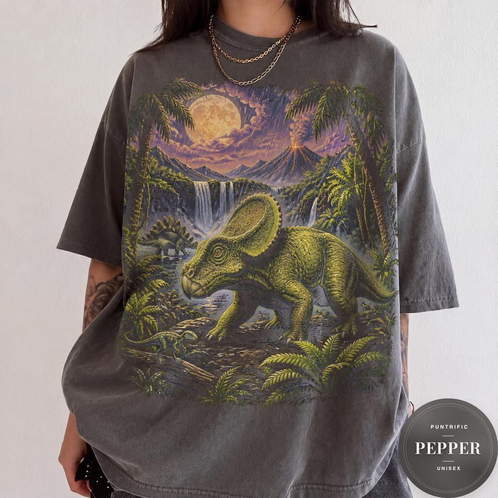 Vintage Protoceratops Graphic Tee, Retro 90s Dinosaur Scene Shirt, 80s Paleontology T-Shirt, Stegosaurus Fossil Dino Lover Gift, Dino Tee