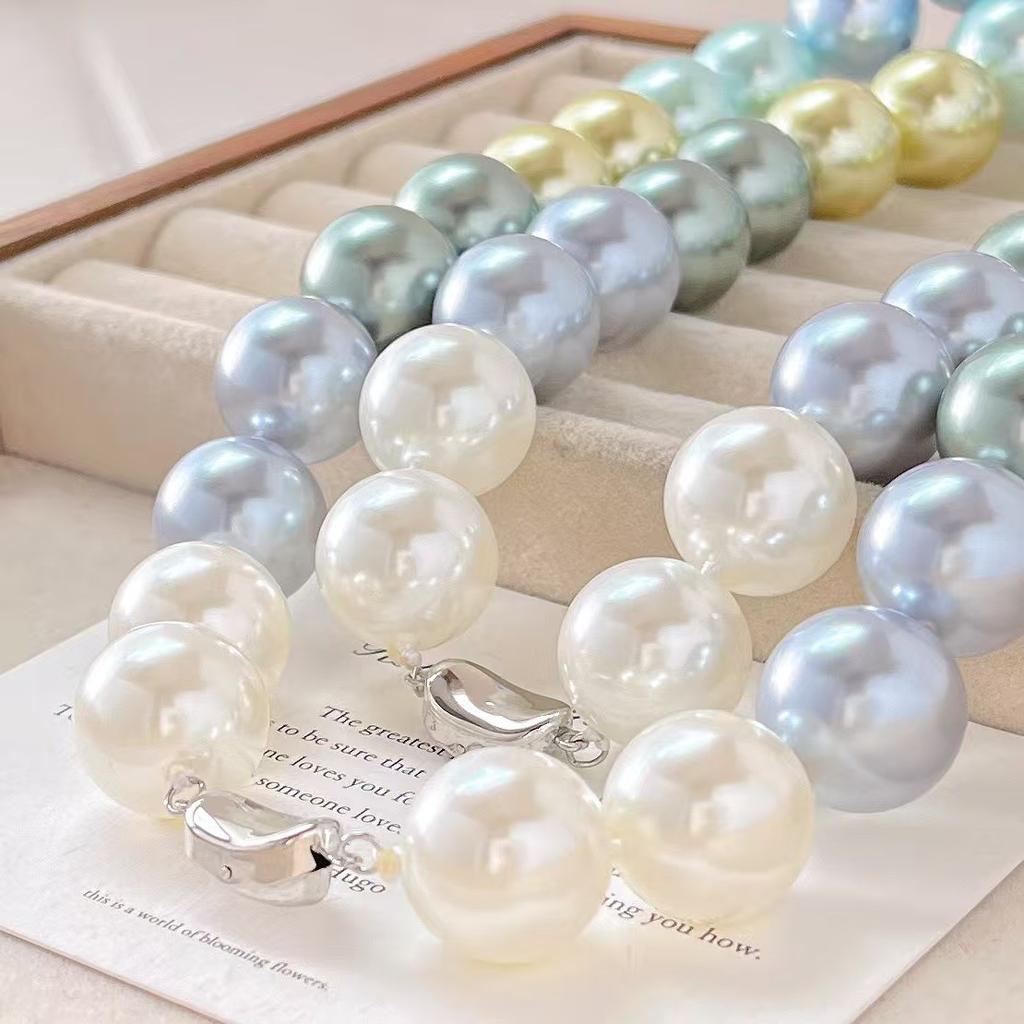 Vintage 16Mm Large Granular High Quality Blue Grey Green Artificial Crystal Pearl Necklace Clavicle
