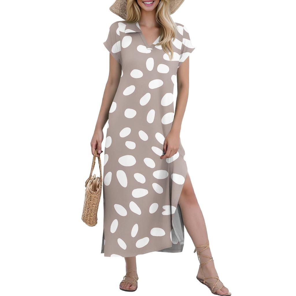 Women's Casual Comfortable V Neck Loose Hem Split Vacation Short Sleeve Floral Long Dresses